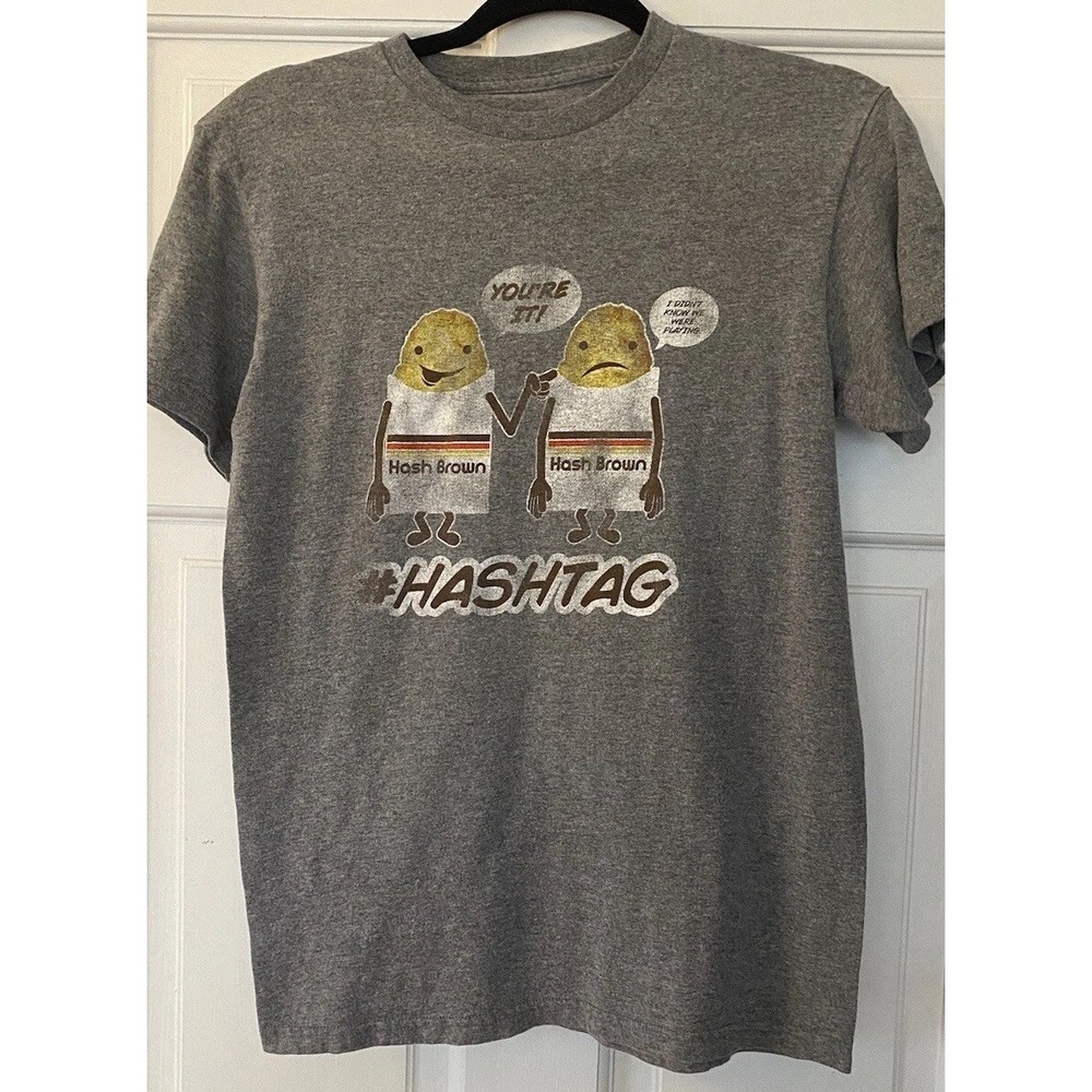 Unbranded Women's Graphic T-Shirt SZ MED Hash Tag Hash Browns Short Sleeve Gray